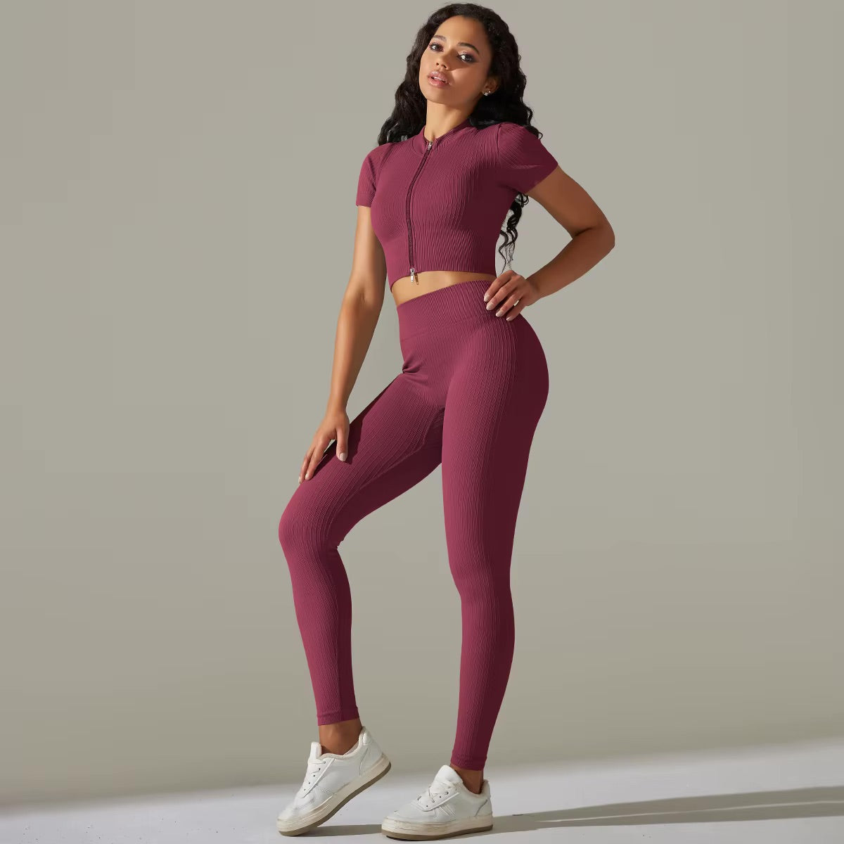 Set aus Oberteil mit Reißverschluss und Leggings | Burgunderrot