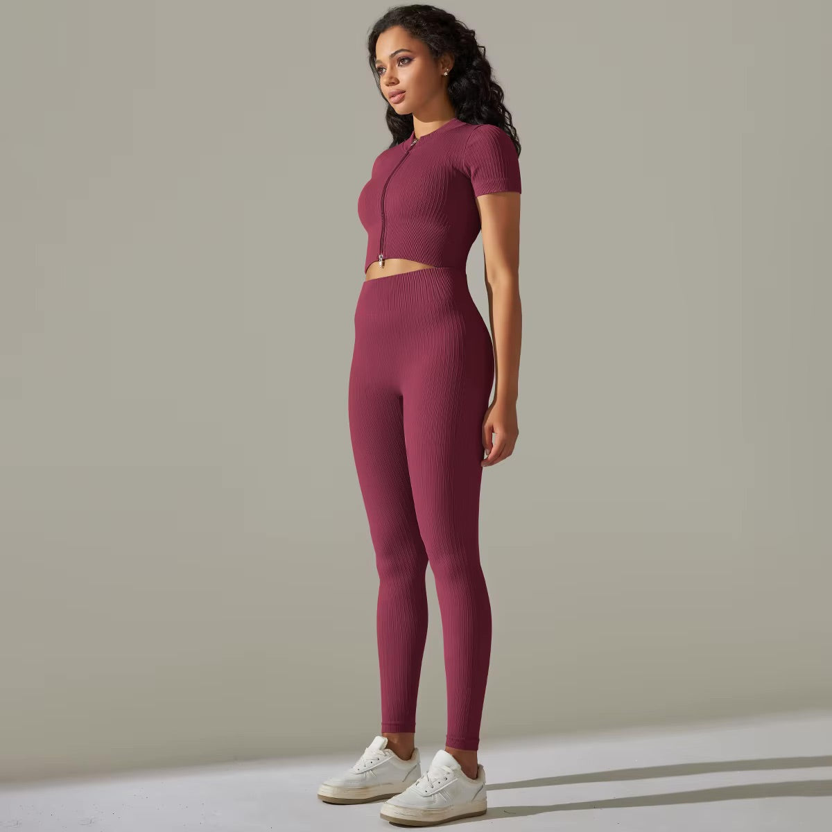 Set aus Oberteil mit Reißverschluss und Leggings | Burgunderrot