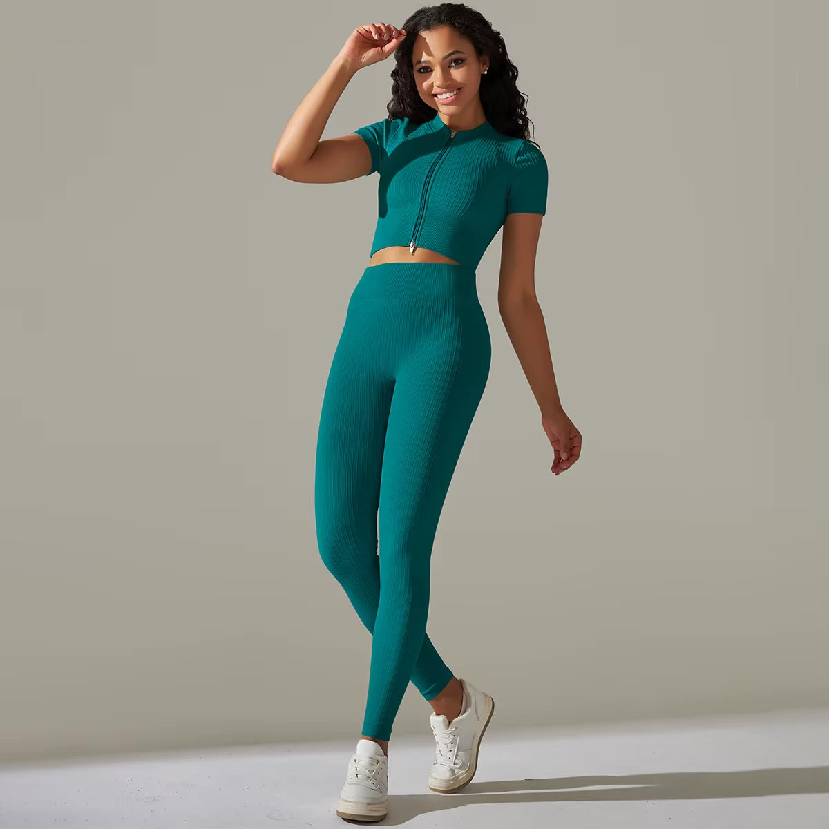Set aus Oberteil und Leggings mit Reißverschluss | Türkis
