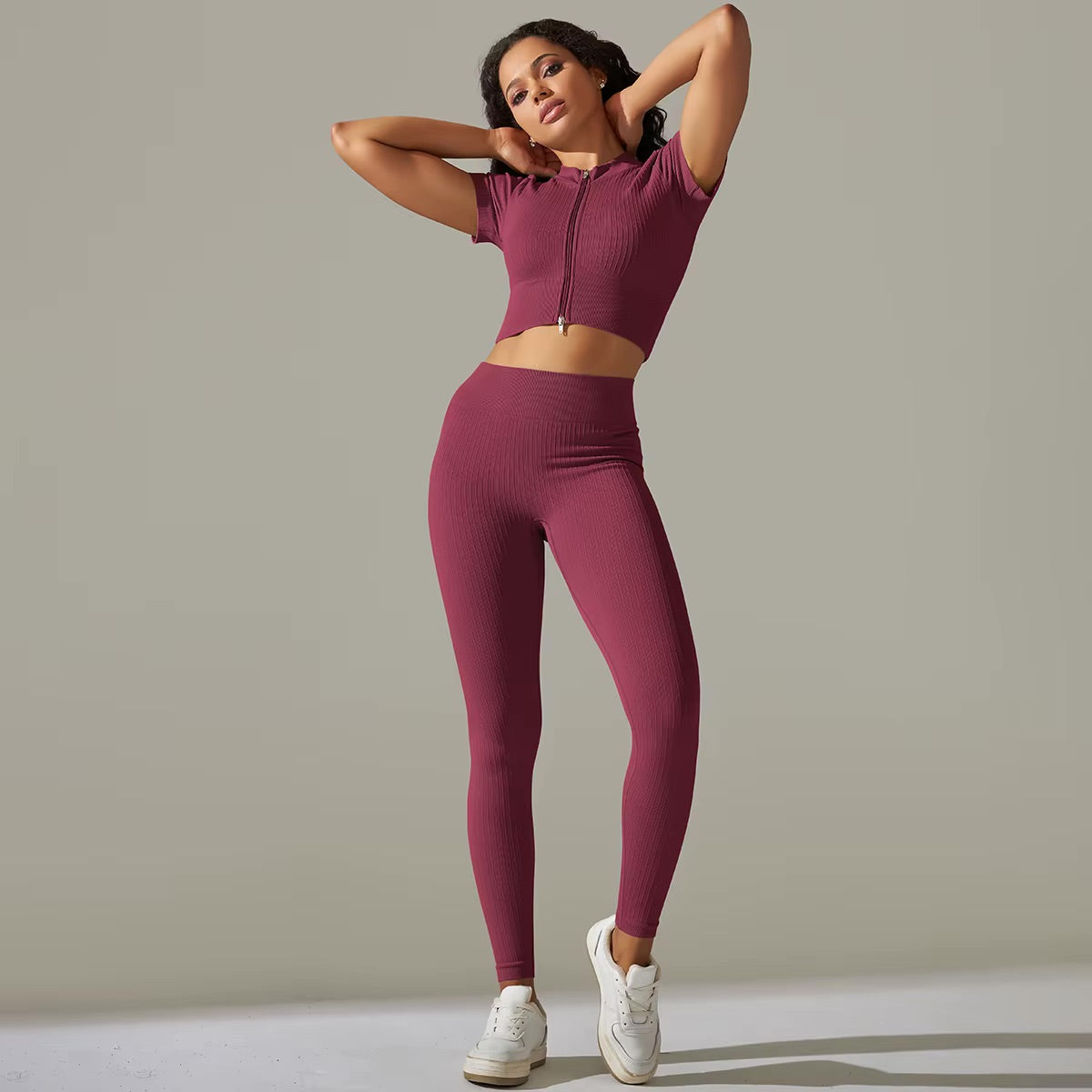Set aus Oberteil mit Reißverschluss und Leggings | Burgunderrot