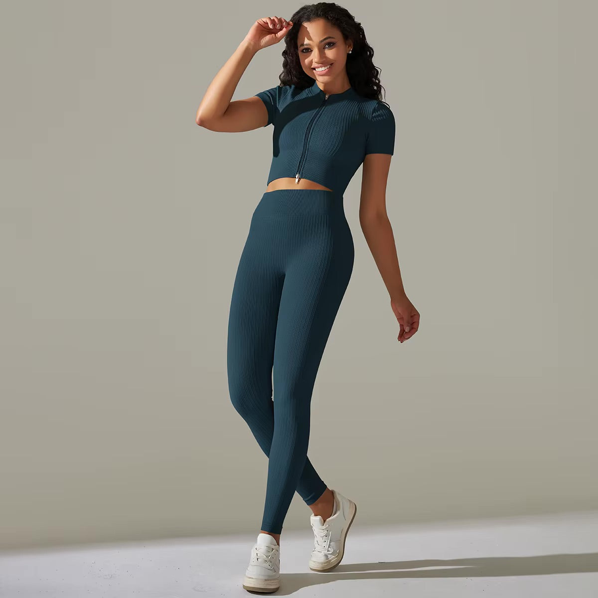 Set aus Oberteil und Leggings mit Reißverschluss | Entenblau