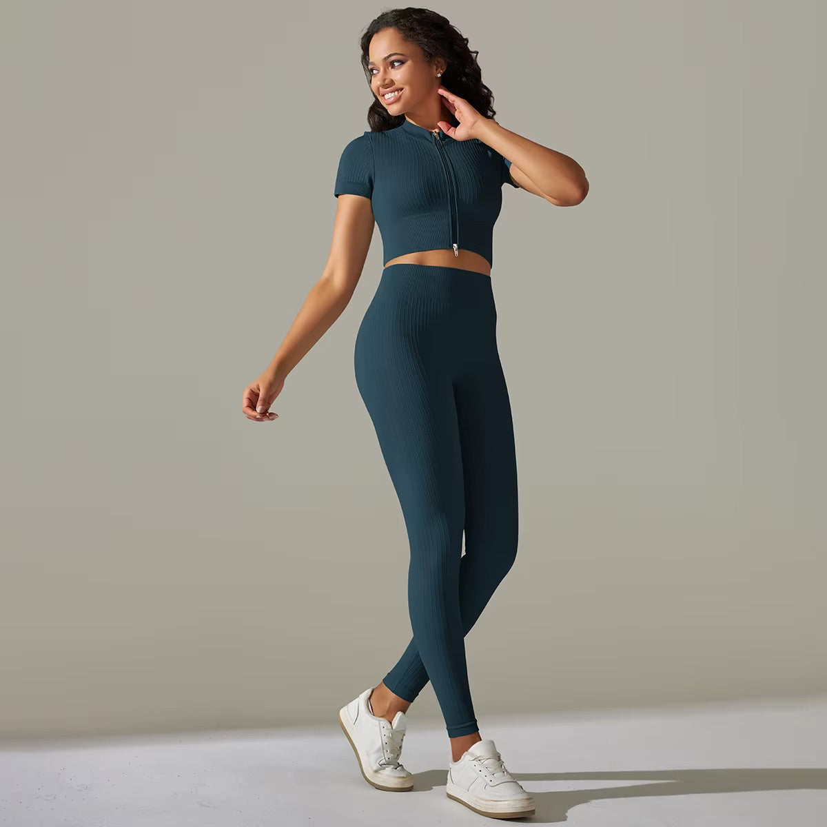 Set aus Oberteil und Leggings mit Reißverschluss | Entenblau